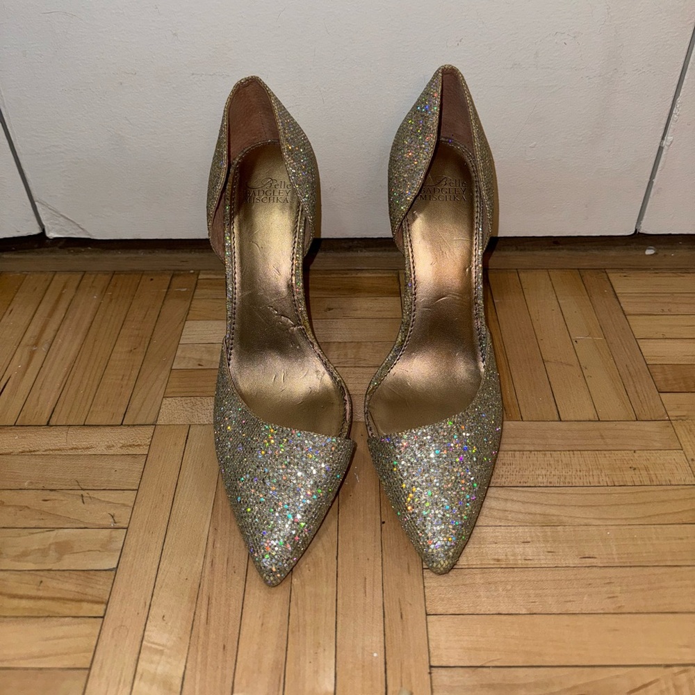 Badgley Mischka Gold Glitter Stiletto Heels